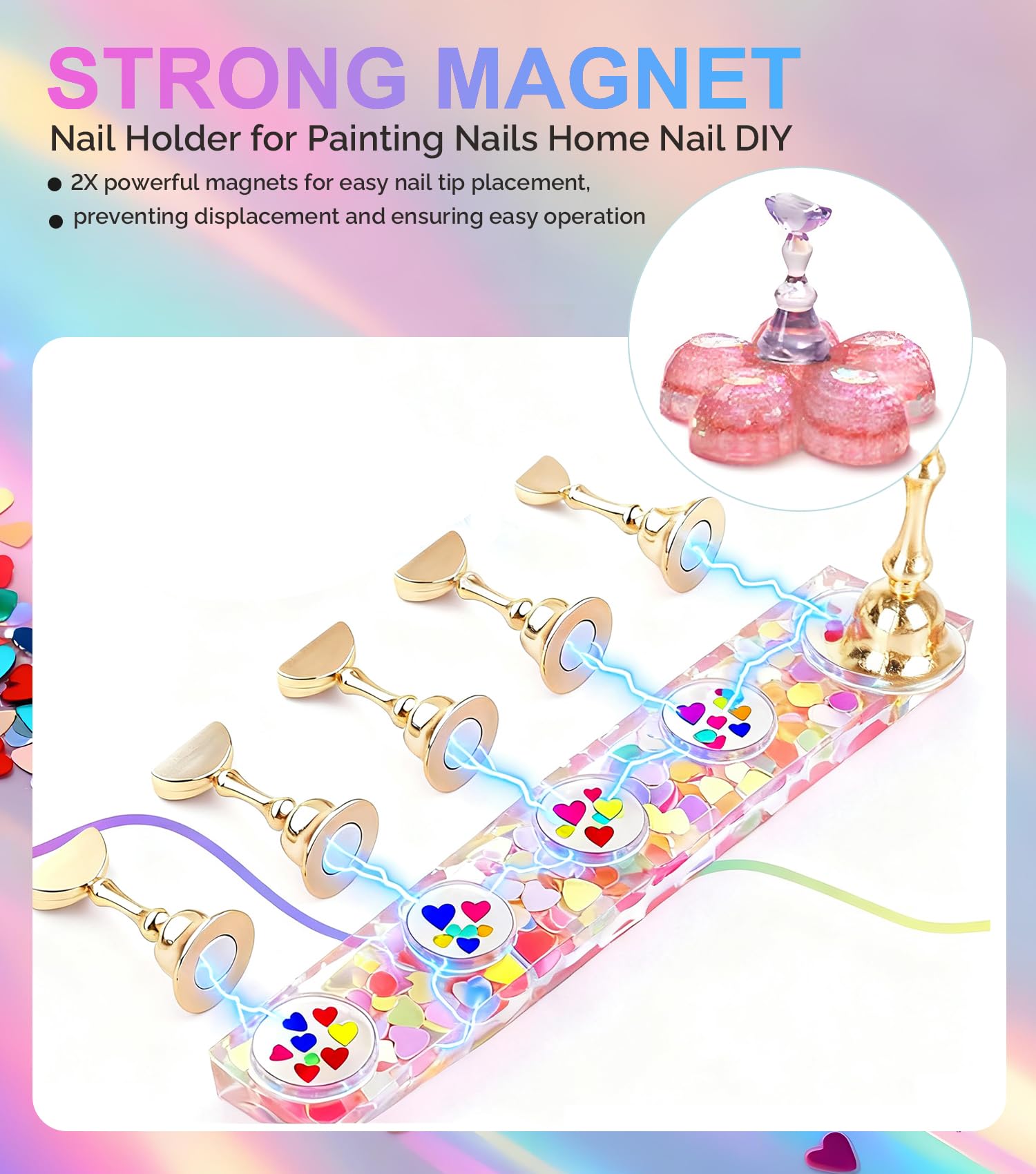 Close up of Obeegoo nail art practice holders with pink glitter base
