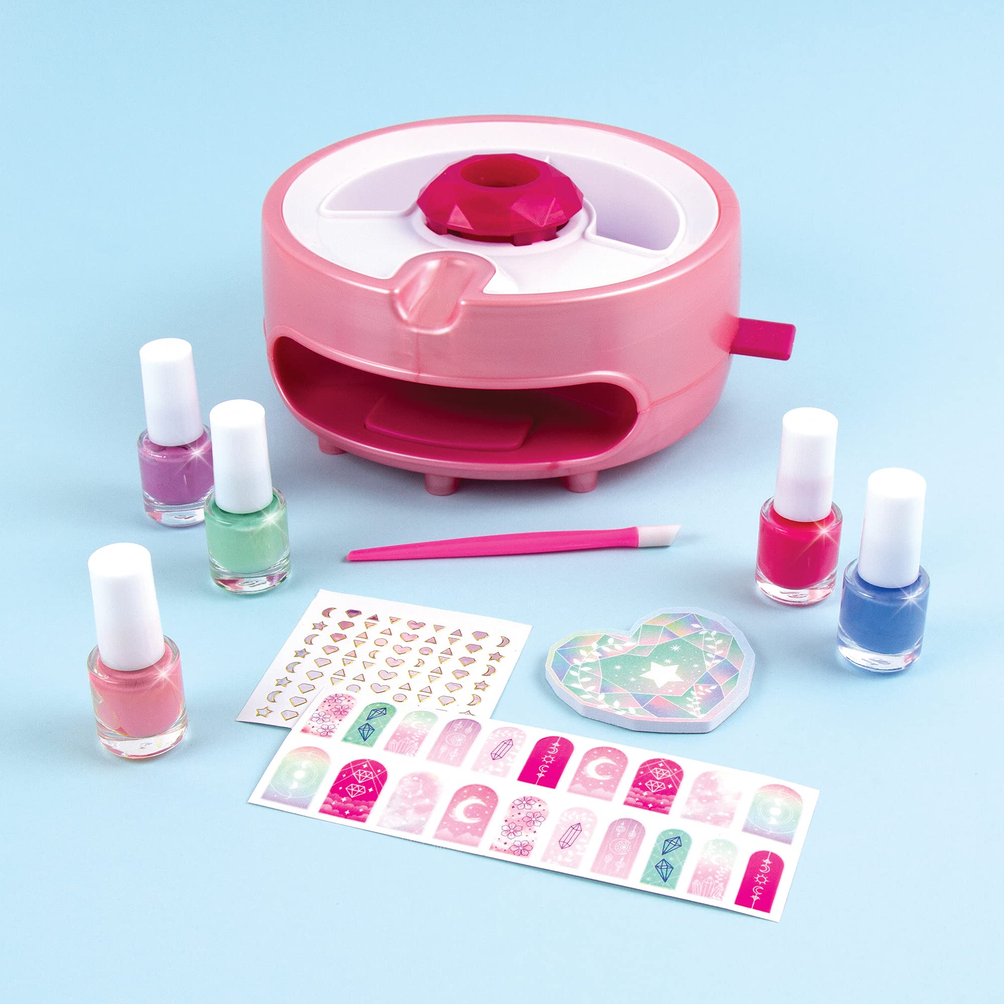 The five vibrant water-based nail polish colors included in the set