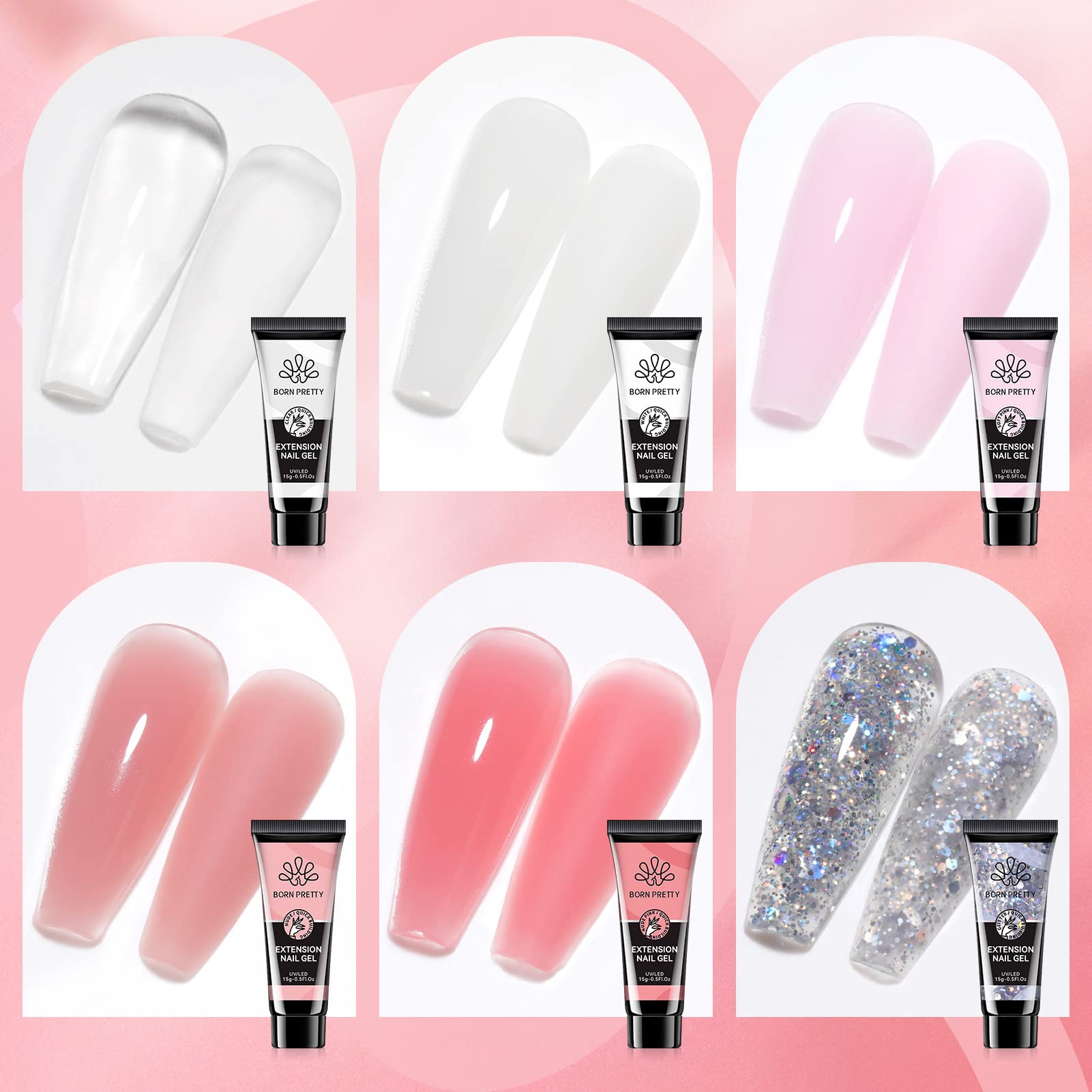 Six colors of Born Pretty poly nail gel bottles