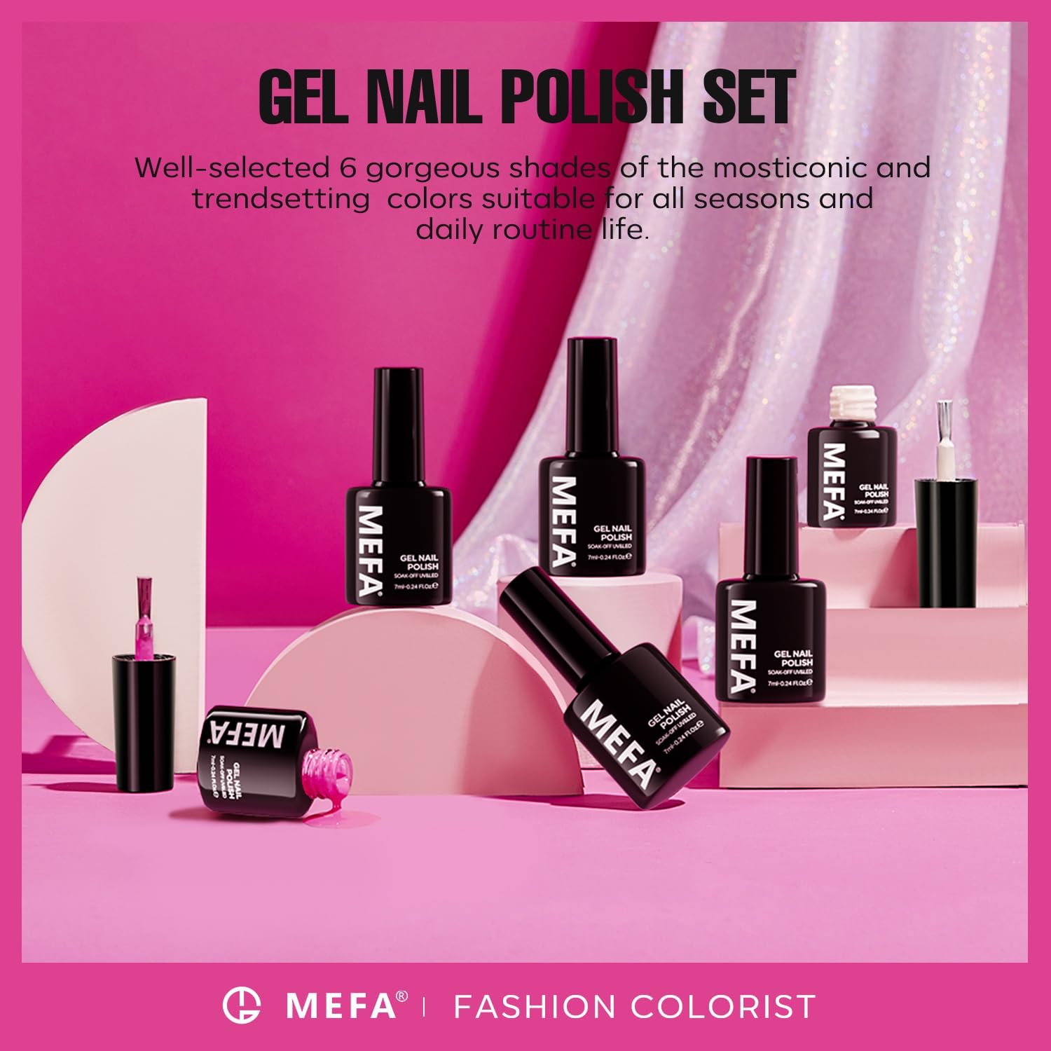 Close up of Mefa gel nail polish bottle collection