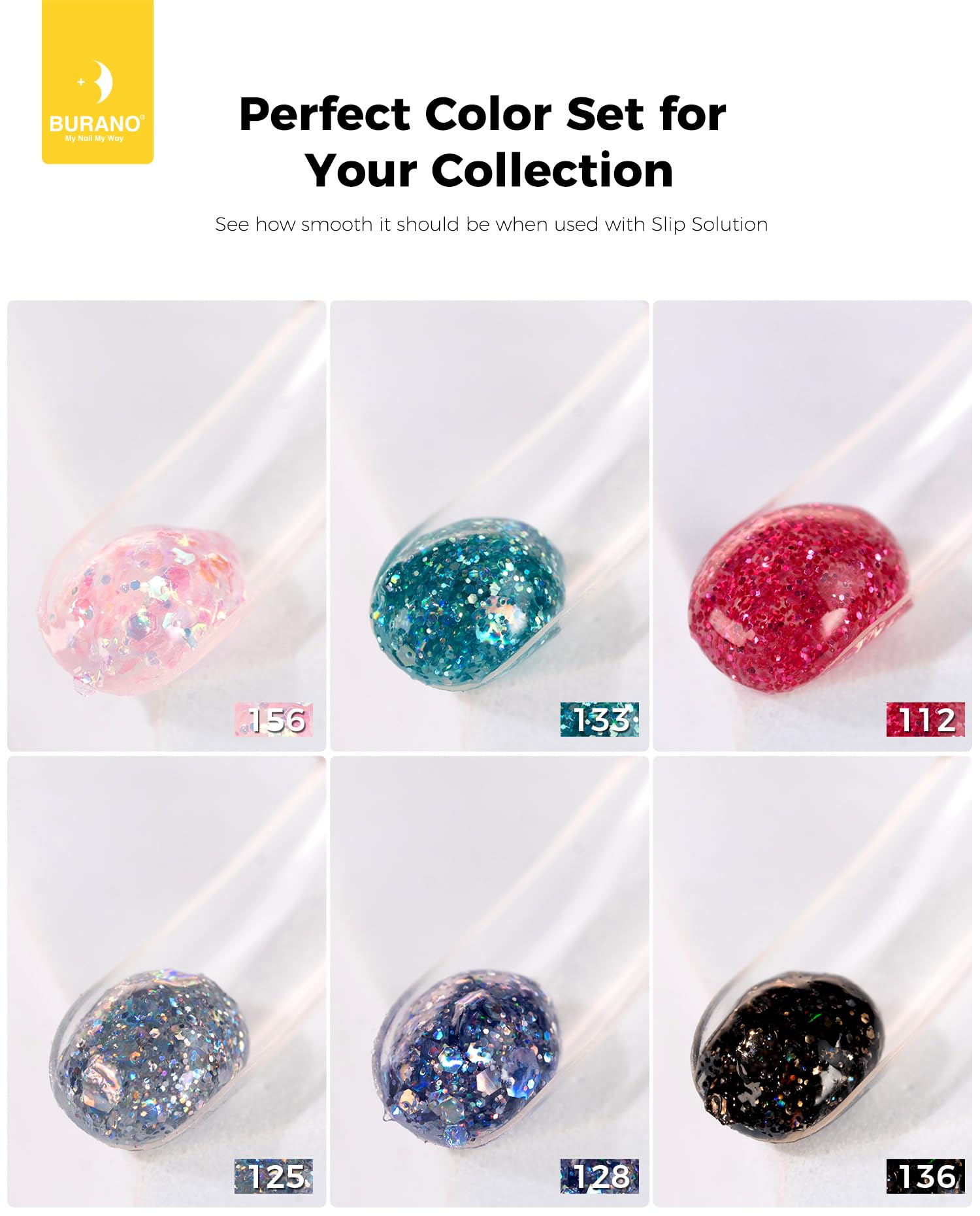 Six tubes of Burano poly extension glitter builder gel set