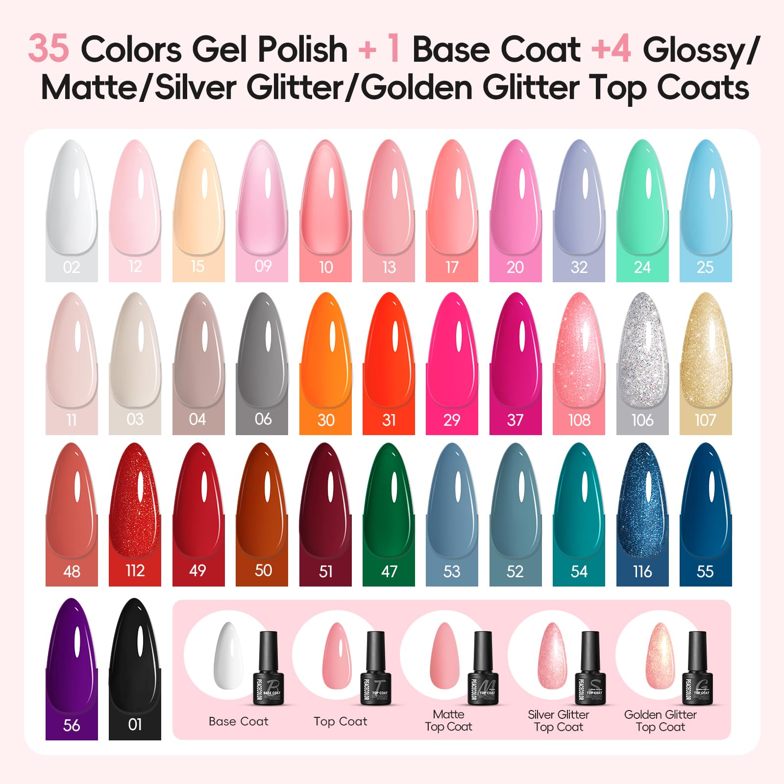 Peacecolor 35 color gel polish bottles arrangement