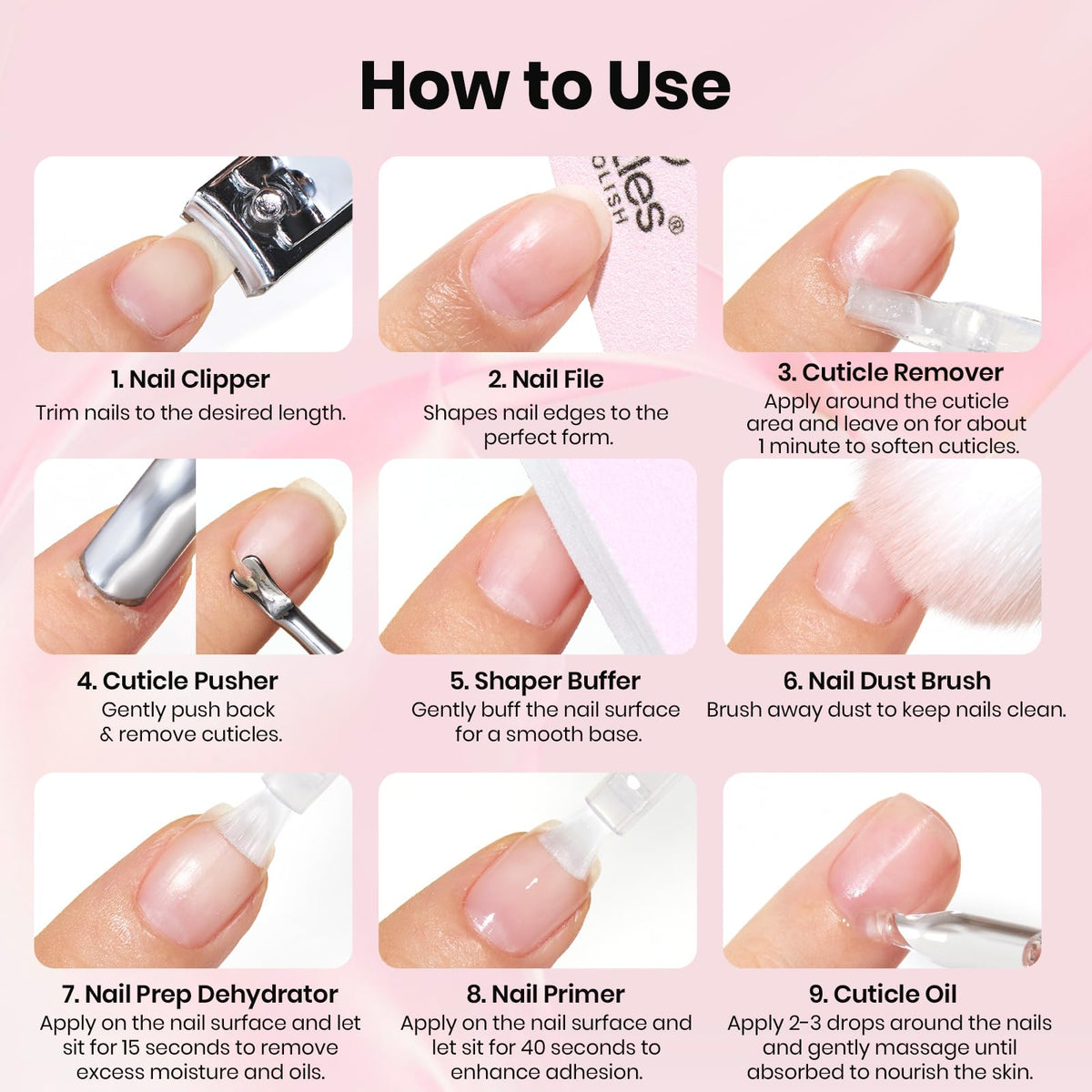 Demonstration of nail prep liquids applied on a hand