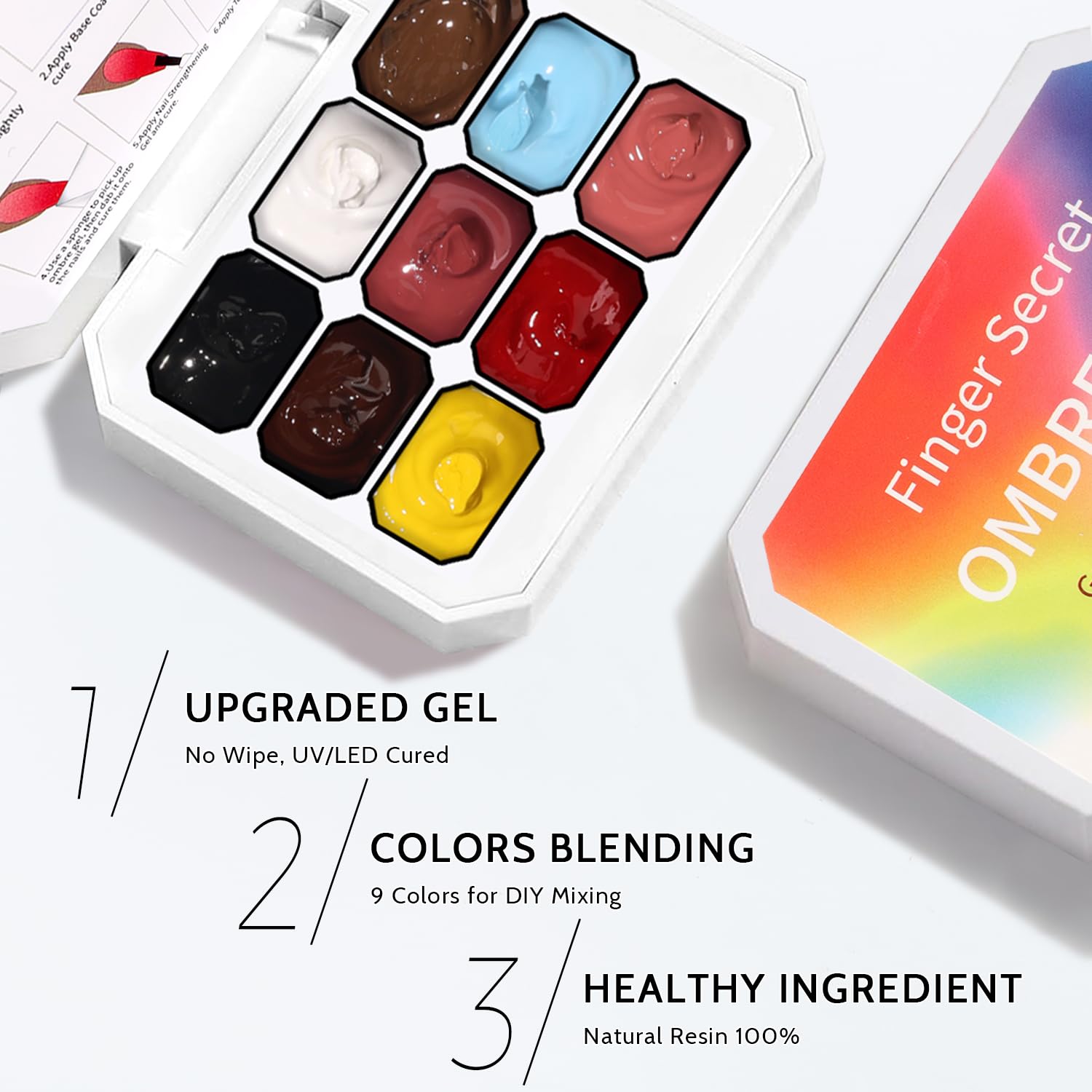 Top view of Karroy 9 color nail art set and accessories