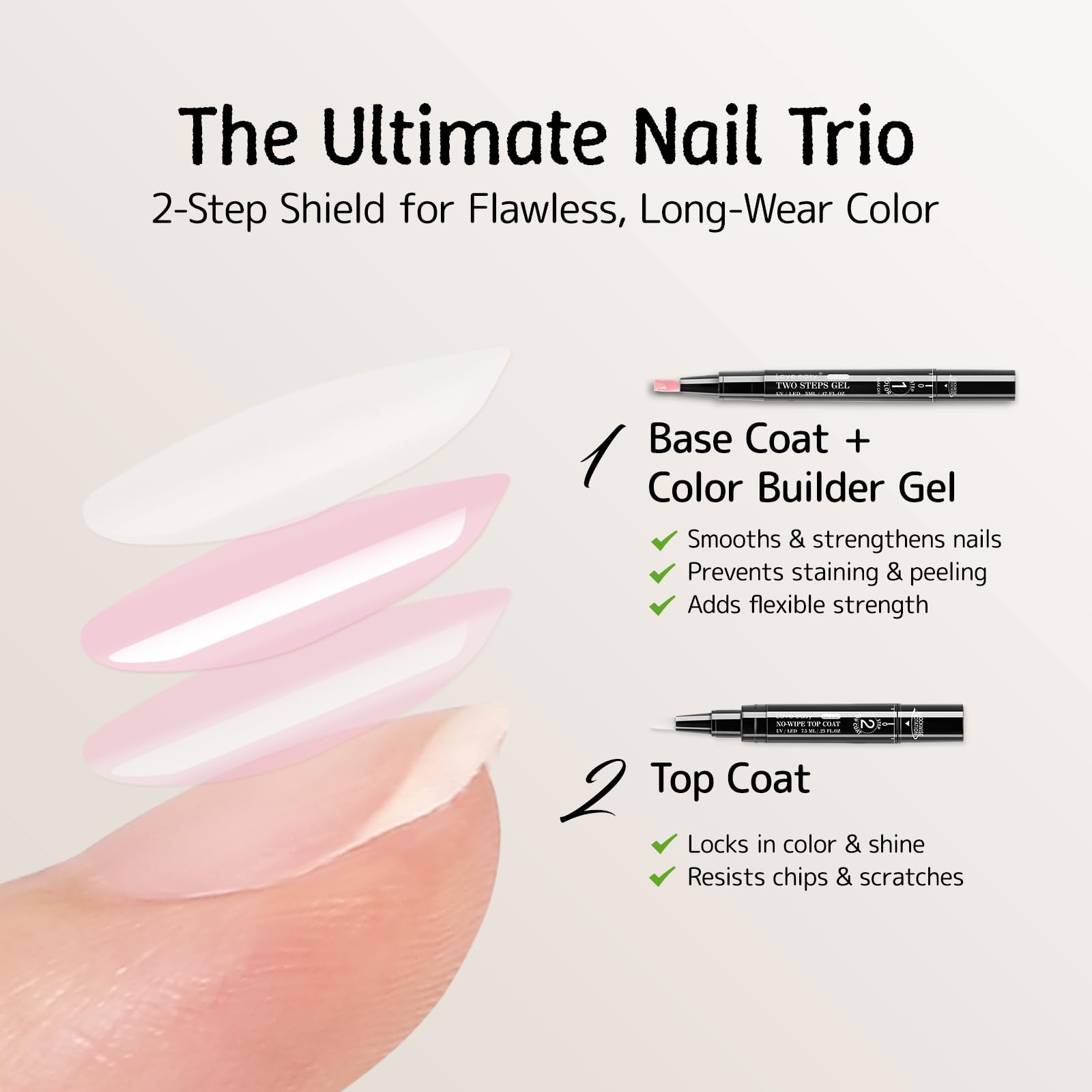 Six nude shades of Love Easy nail polish pens arranged together