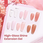 Close up view of the 30 color poly extension gel tubes in various nude, pink, and glitter shades.