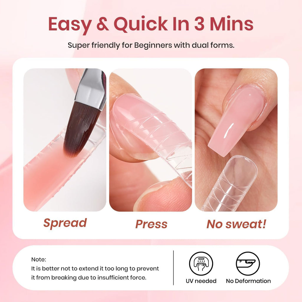 Demonstration of squeezing poly gel onto dual nail forms for DIY application.