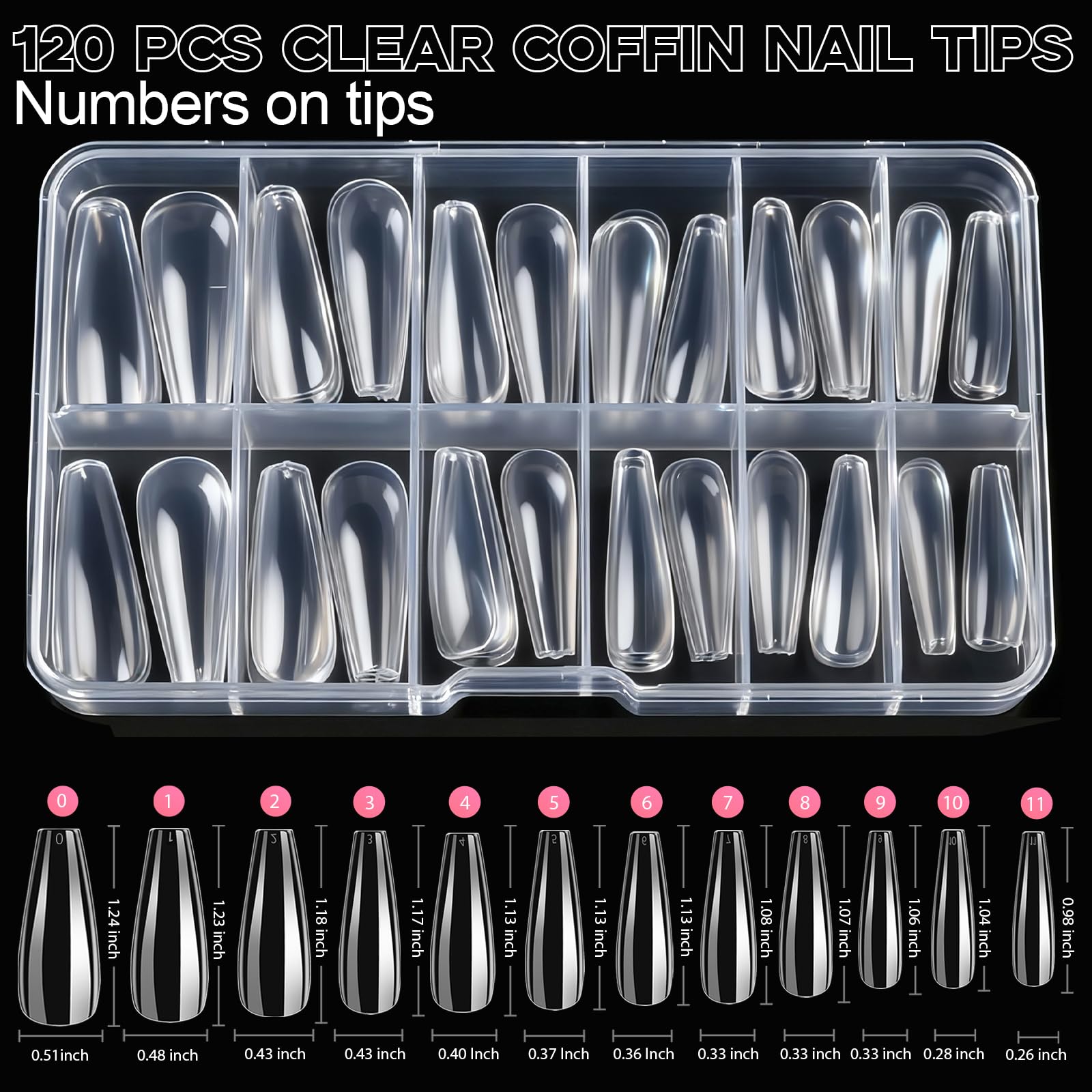 Close up of Teenitor clear coffin nail tips in organized sizes