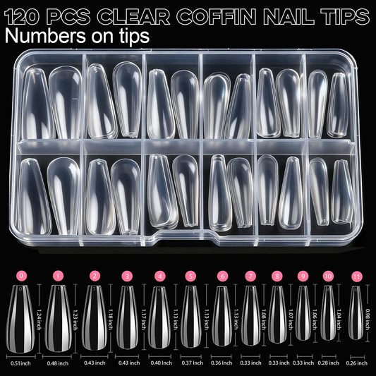 Close up of Teenitor clear coffin nail tips in organized sizes