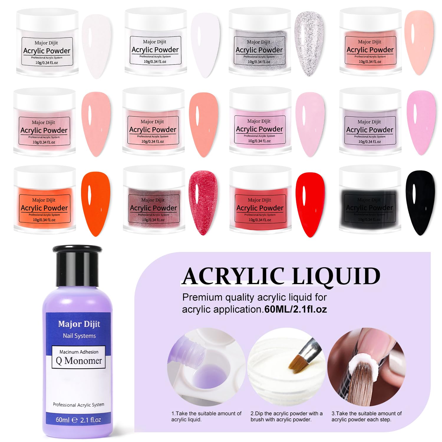 Collection of 12 acrylic powders and nail art decorations in Major Dijit kit