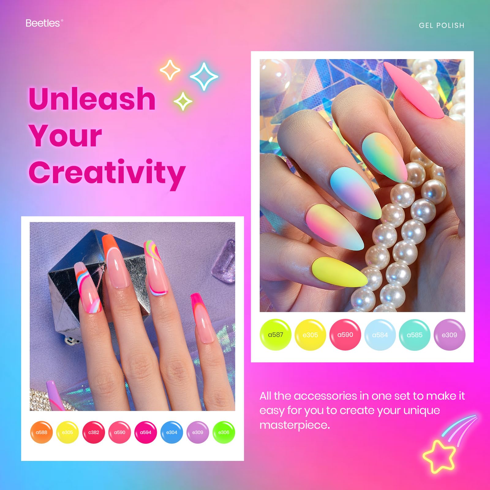 Rainbow neon gel polish set with top and base coats