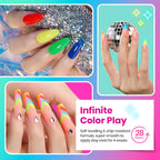Finished manicure showcasing bright summer rainbow gel polish colors under studio lighting.