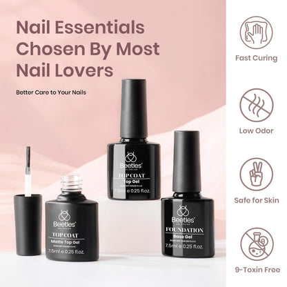 Beetles gel polish base and top coat bottles included in kit