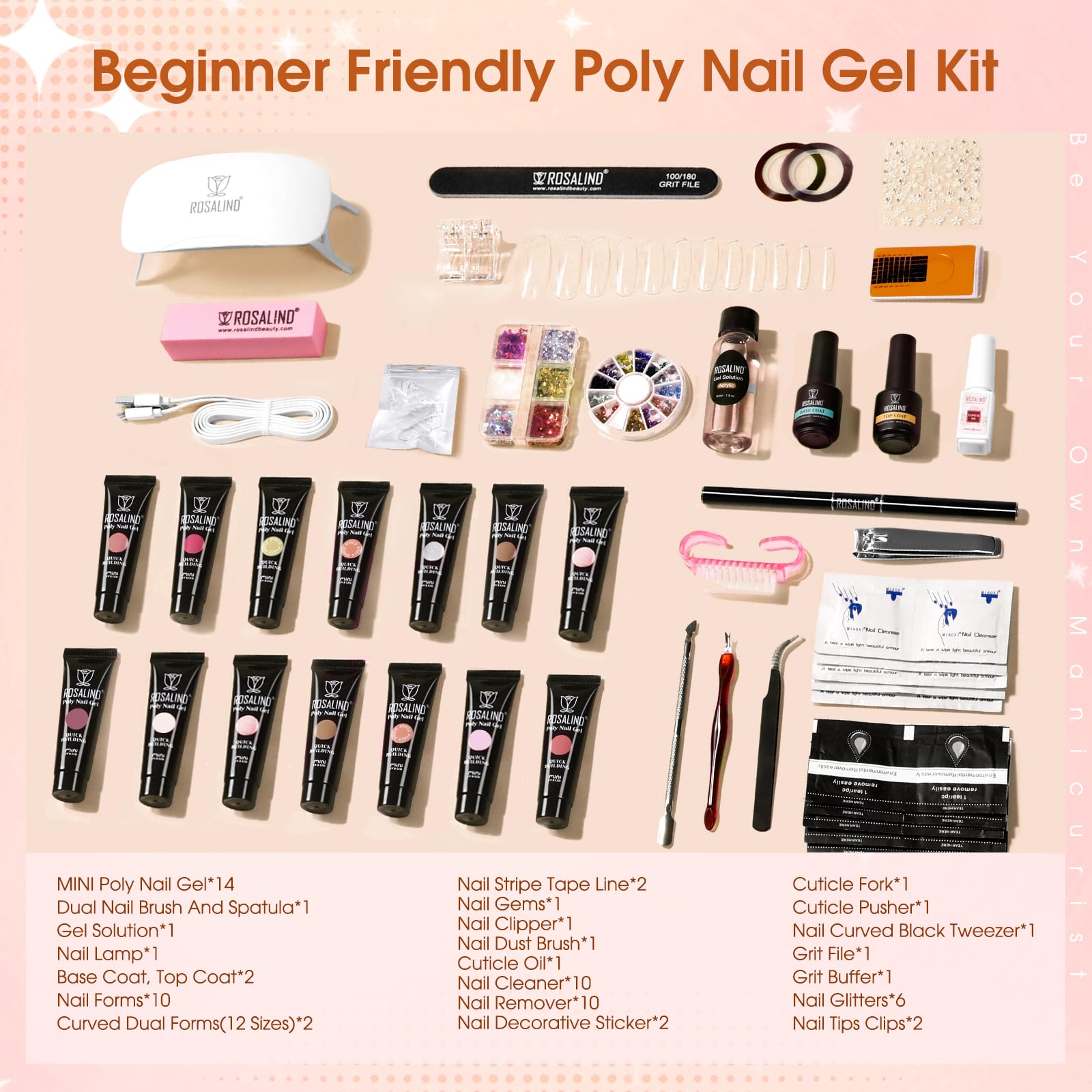 Close up of 14 colored poly nail gel tubes in Rosalind kit