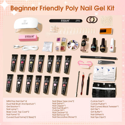 Close up of 14 colored poly nail gel tubes in Rosalind kit