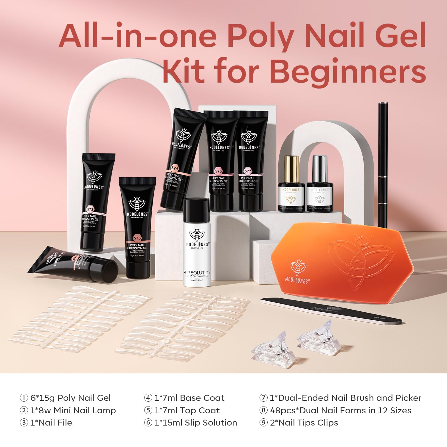 Modelones poly gel extension tubes and included manicure tools