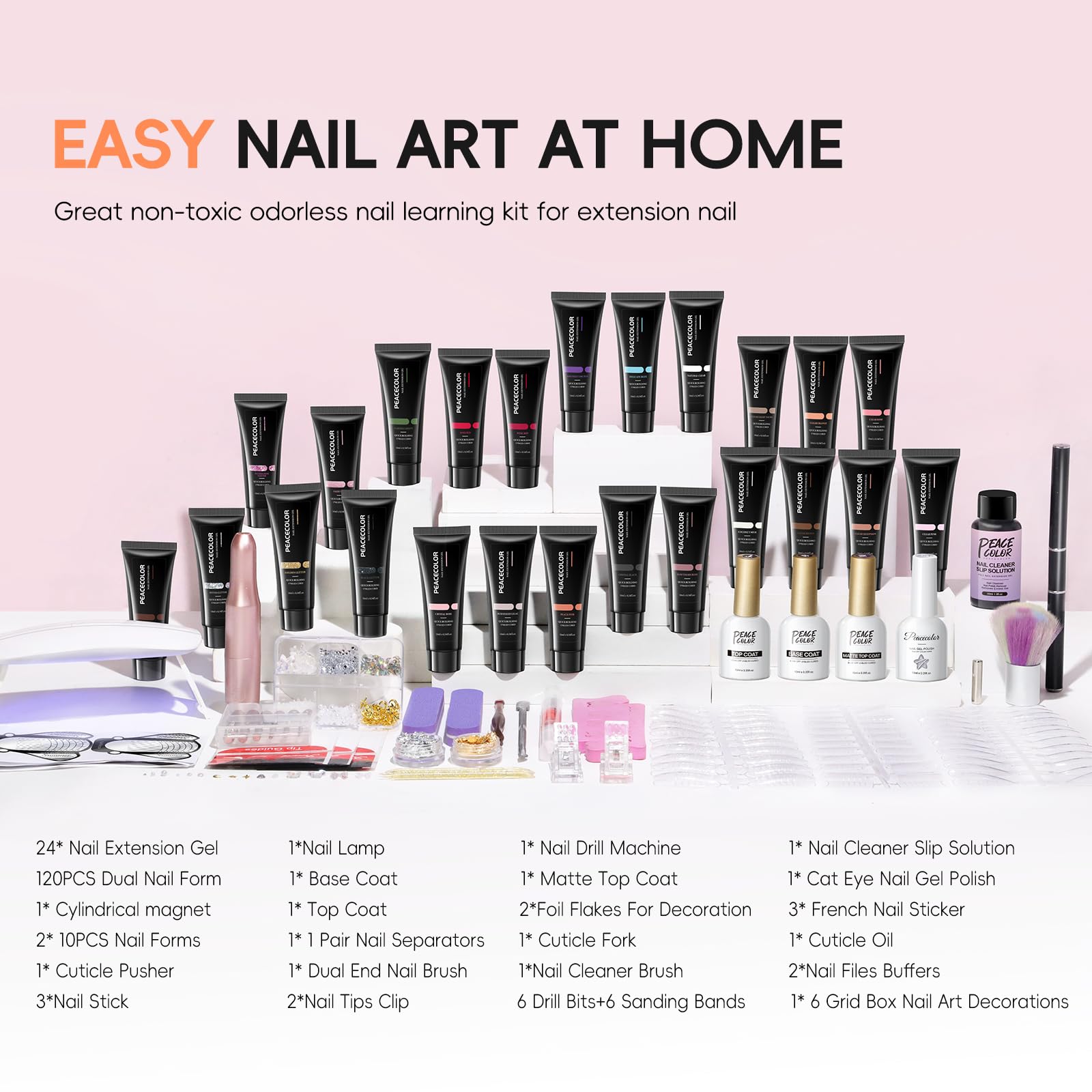 Peacecolor poly gel extension set featuring 24 color tubes