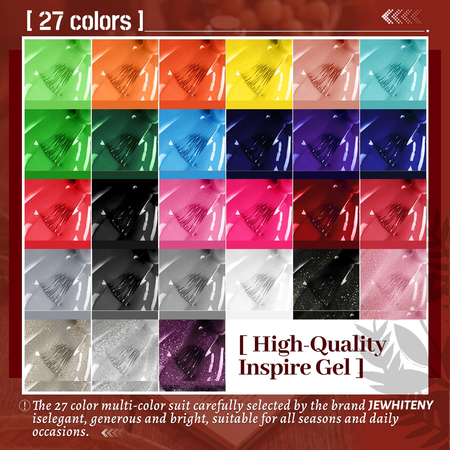 Jewhiteny gel nail polish bottles arranged by color