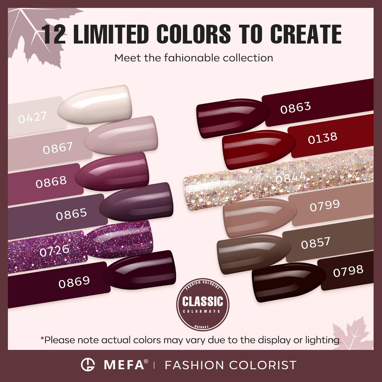 Close up of Mefa burgundy and champagne gold gel polish bottles