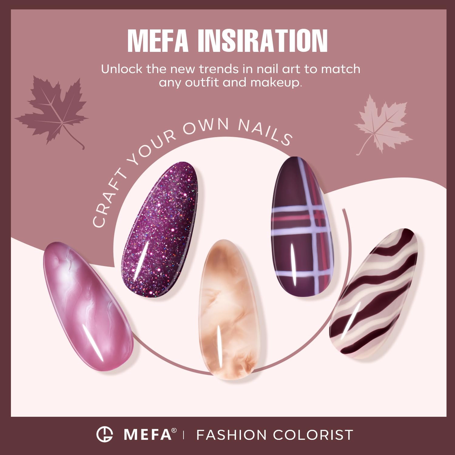 Mefa gel nail polish bottles arranged in color order