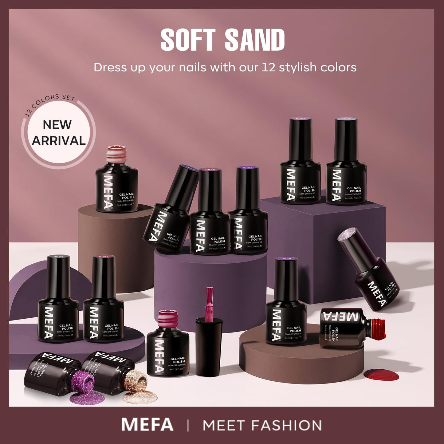 Mefa gel polish set with glitter and shimmer finish bottles