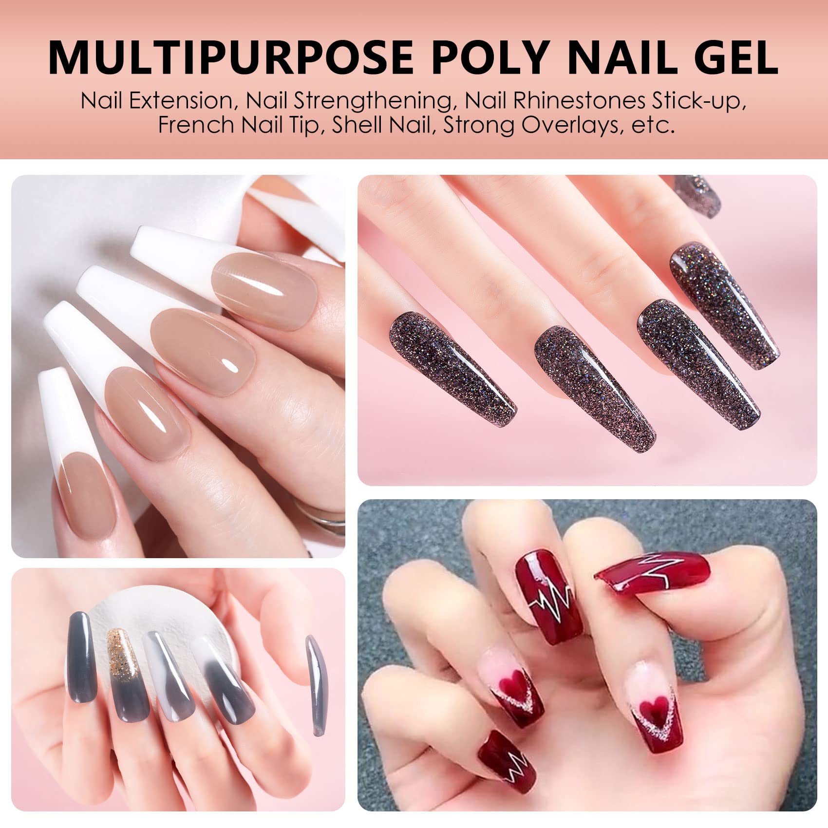 Step-by-step DIY poly gel nail extension set components displayed on table.