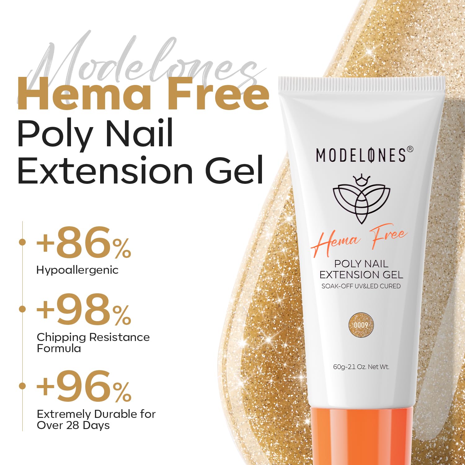 Modelones Hema-Free sparkling gold nail gel bottle