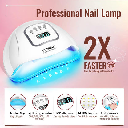 Close up of gel nail polish application with UV lamp curing