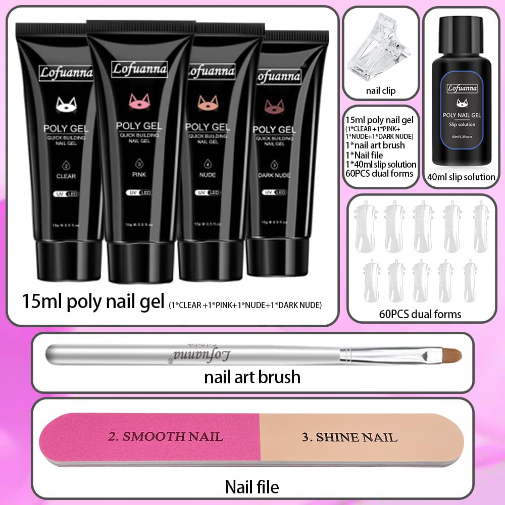 Four tubes of Lofuanna builder gel clear nude pink dark nude
