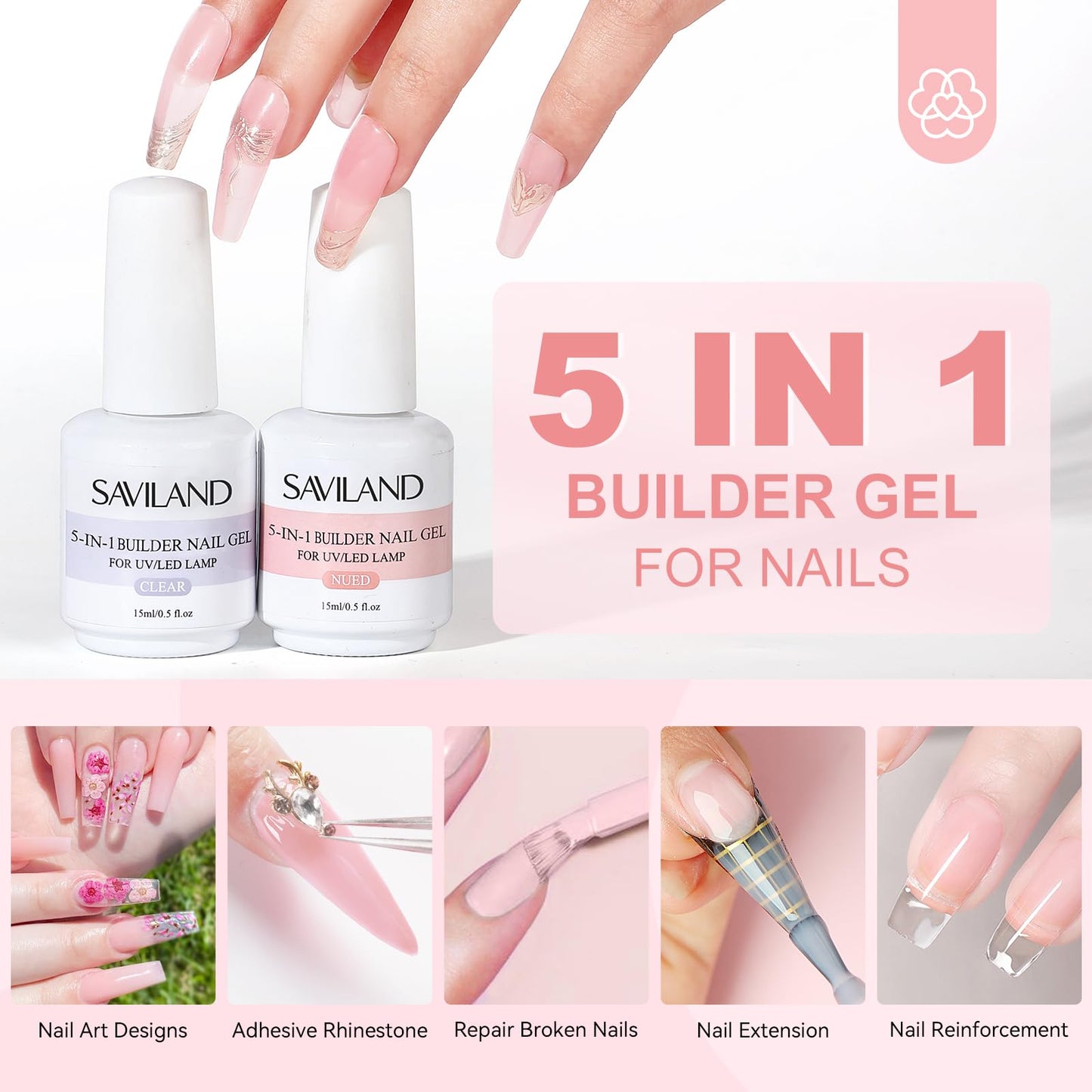 Close up of Saviland clear builder gel bottle for nail extensions.