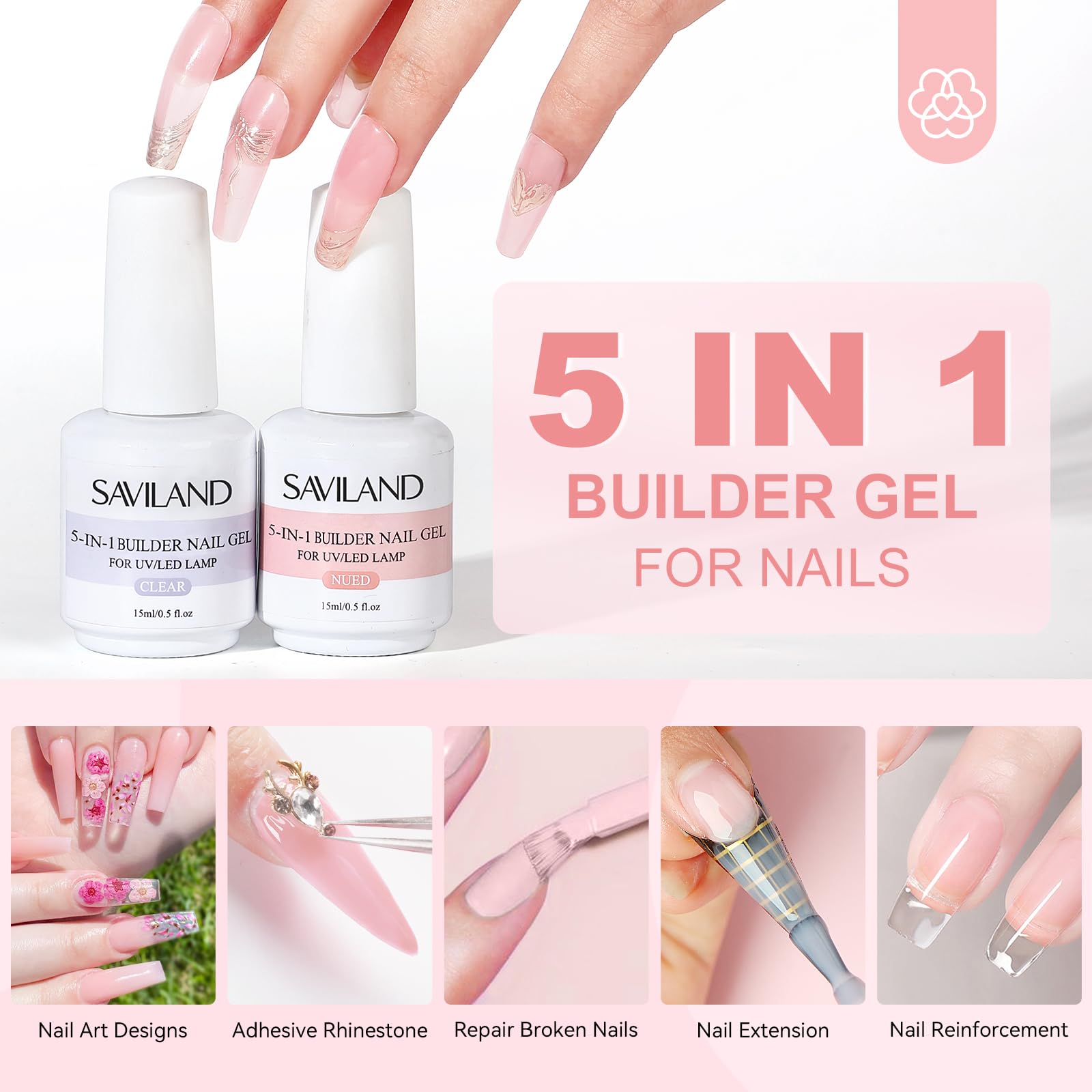 Close up of Saviland clear builder gel bottle for nail extensions.