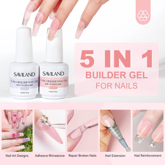 Close up of Saviland clear builder gel bottle for nail extensions.