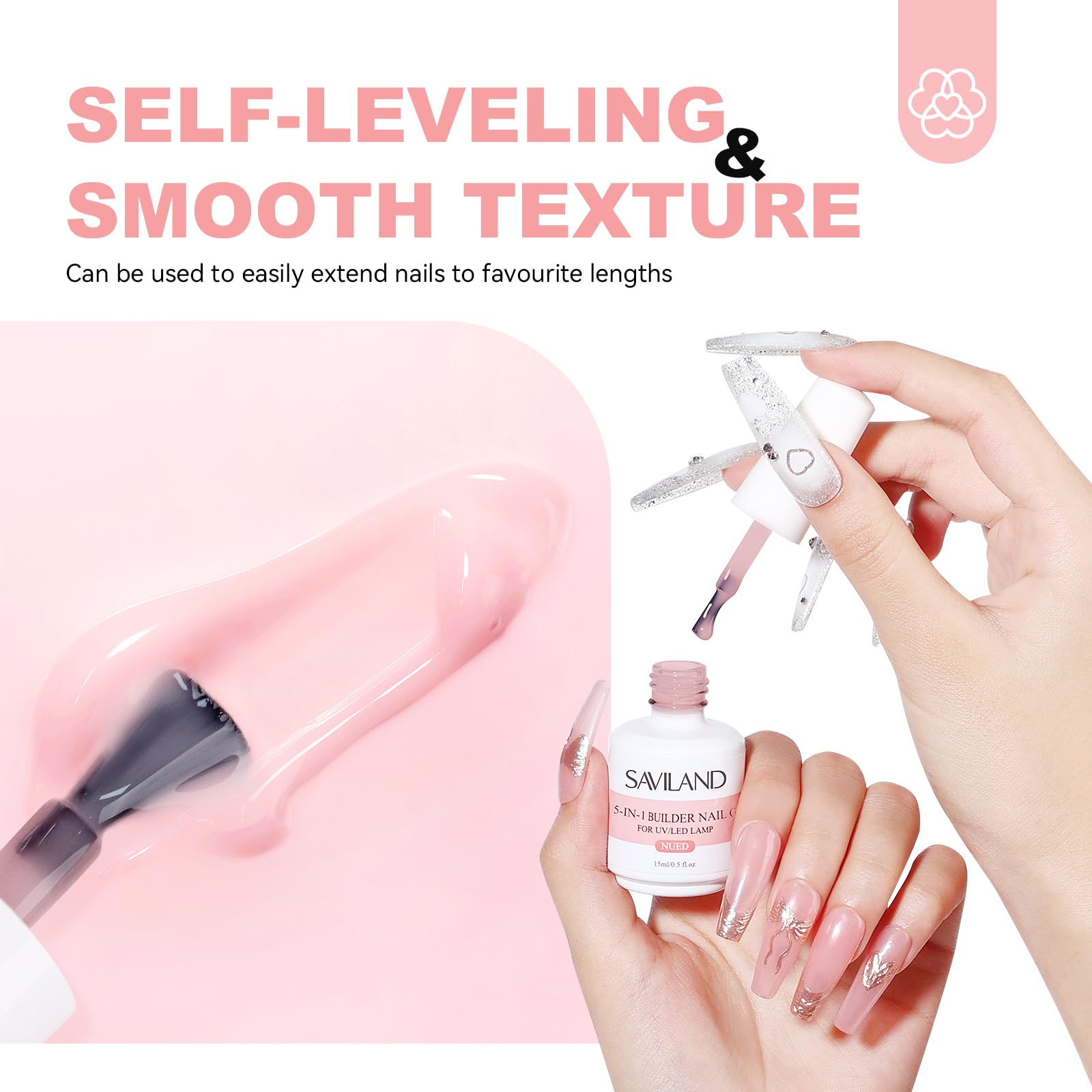 Model showing application of Saviland builder gel on nail forms.
