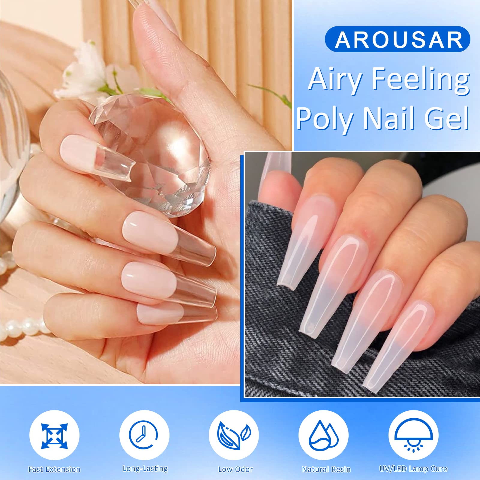 Close up of Arousar clear builder gel texture for DIY nail art.