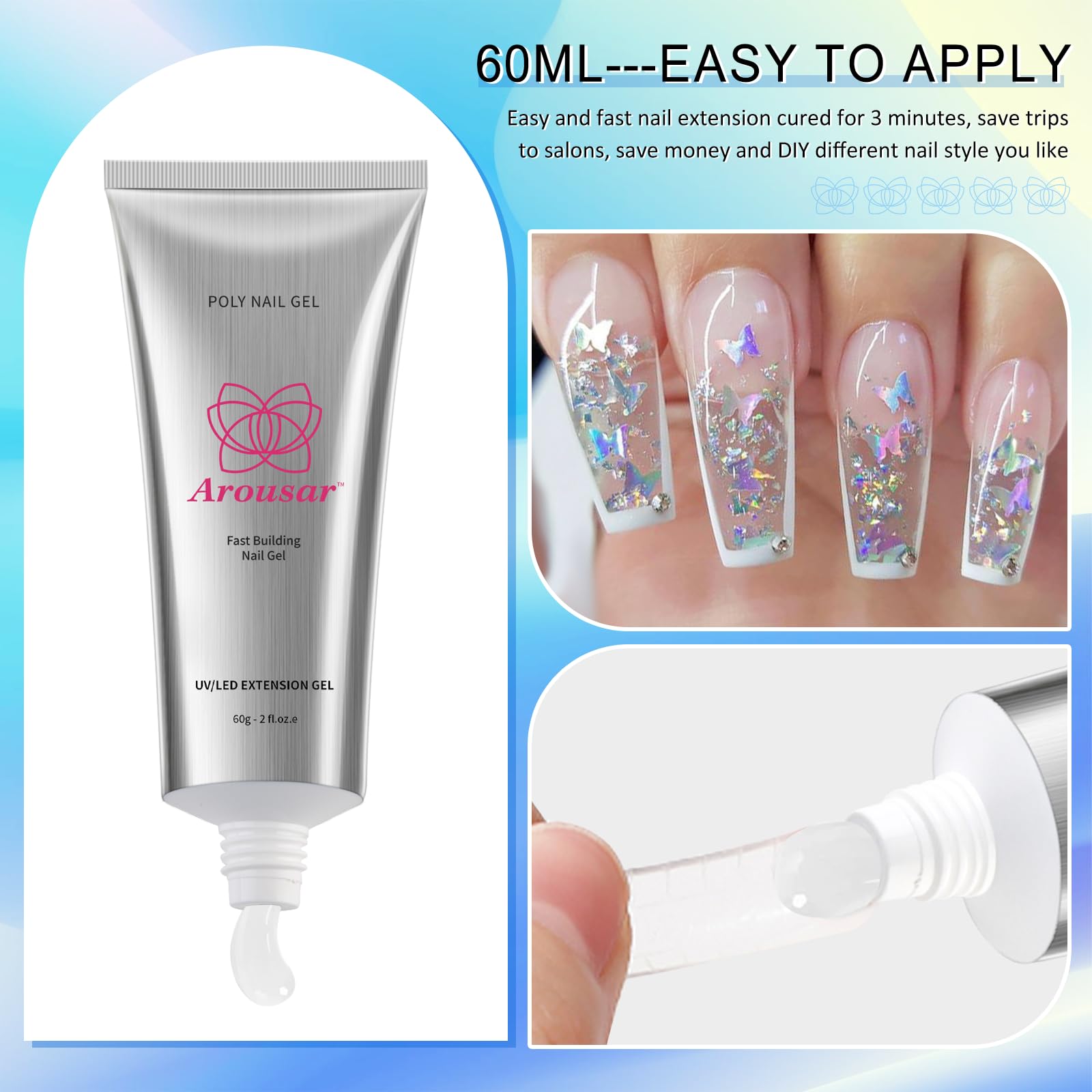 Arousar poly nail gel tube next to professional nail enhancement tools.