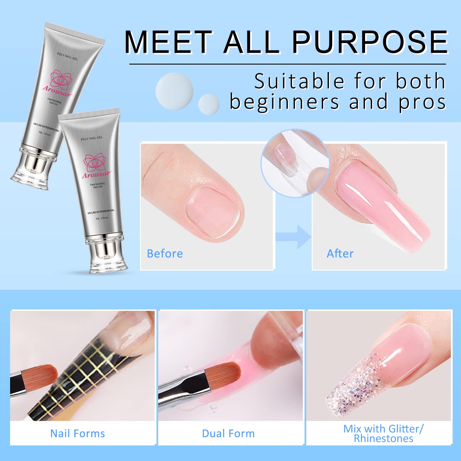 Step-by-step application of Arousar 60g poly gel on natural nails.
