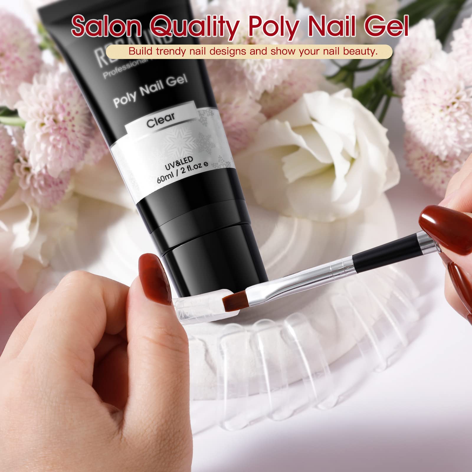 Poly nail gel kit contents including brush and forms