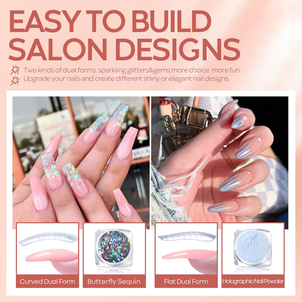 Finished nude and glitter poly nail extension manicure results.