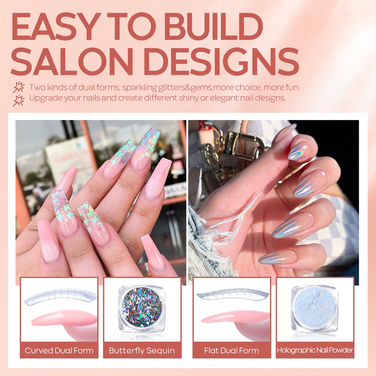 Finished nude and glitter poly nail extension manicure results.