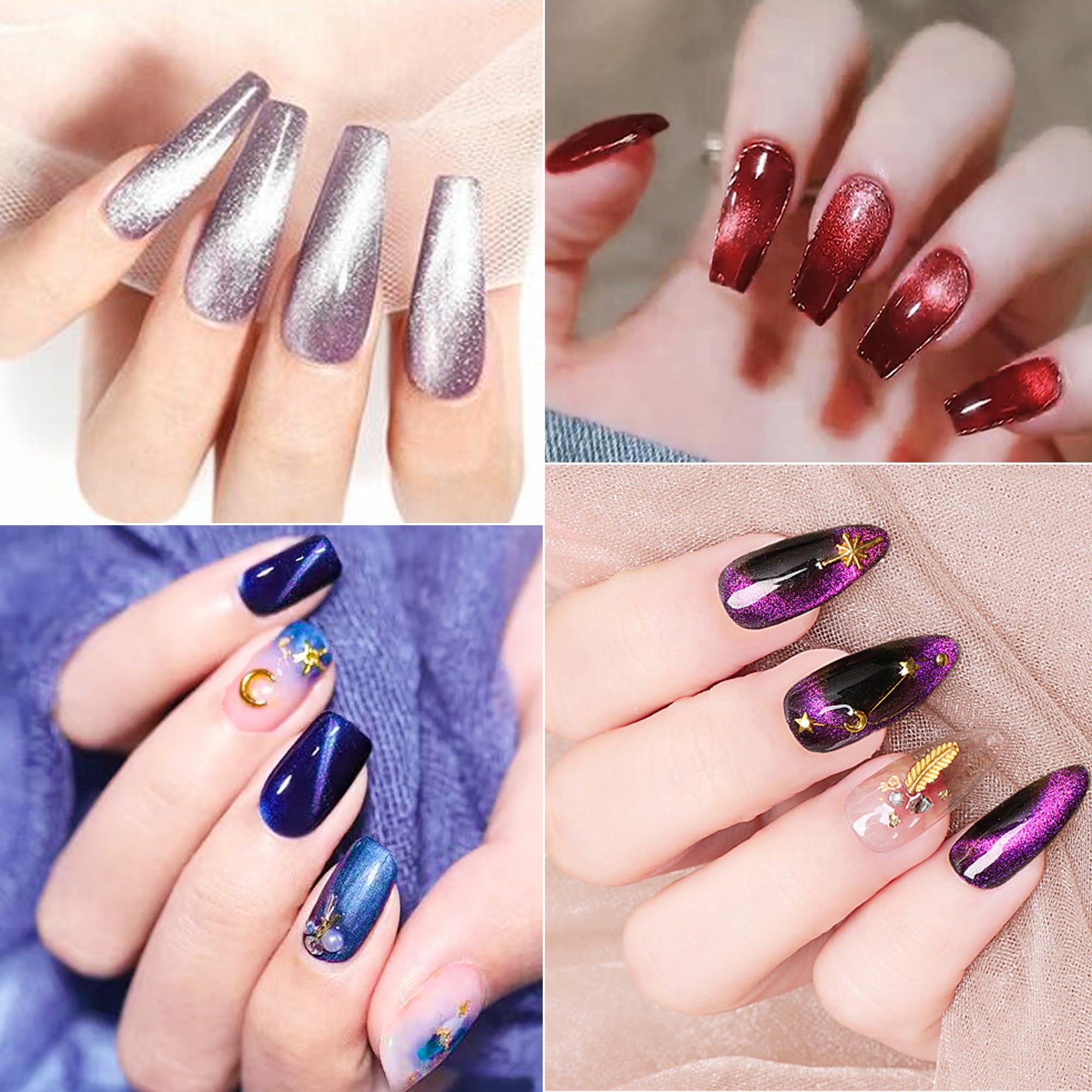 Six vibrant cat eye glitter poly gel tubes for nail extensions