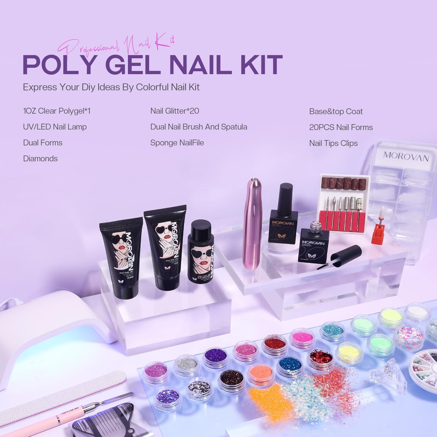 Close up of 20 glitter poly gel colors in Morovan kit