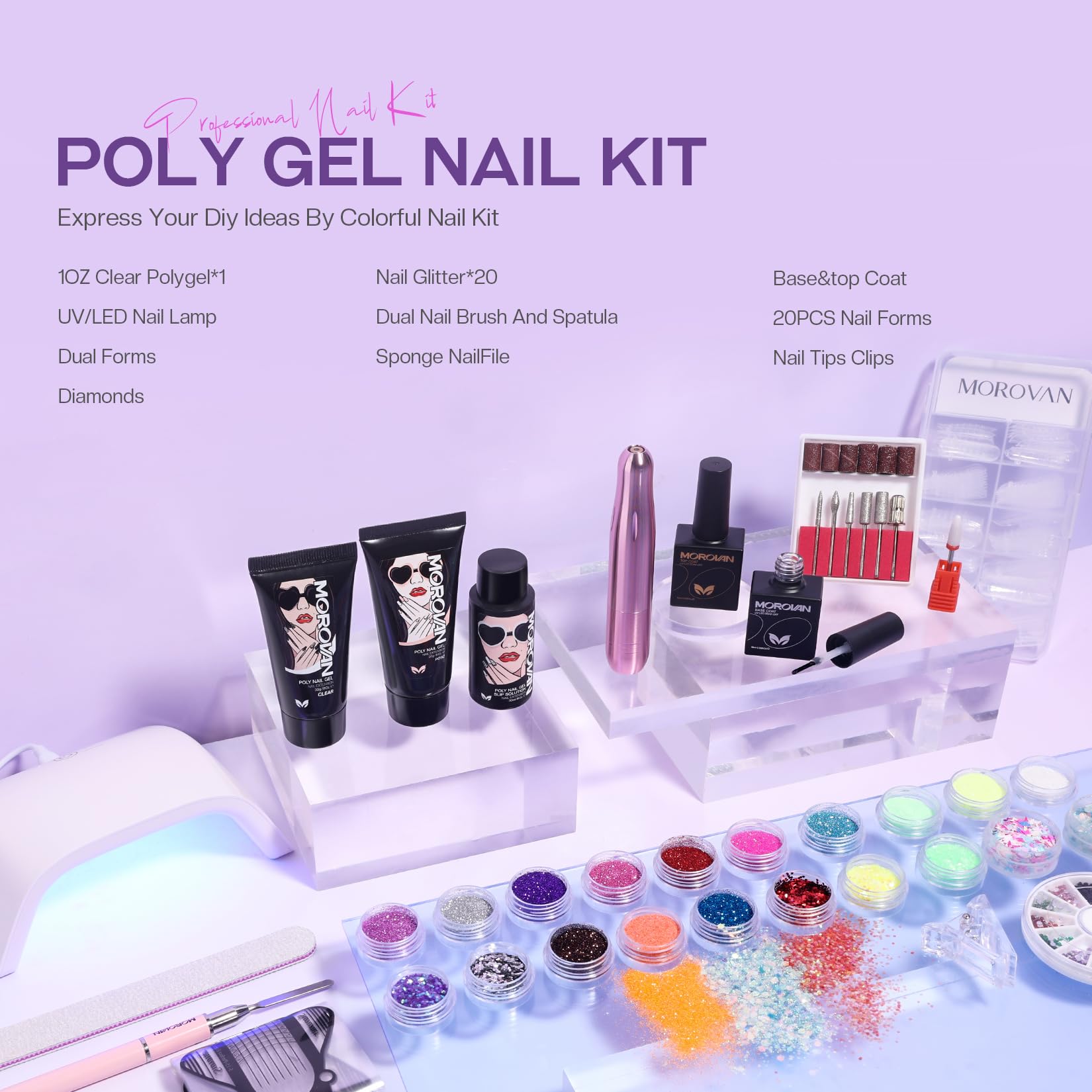 Close up of 20 glitter poly gel colors in Morovan kit