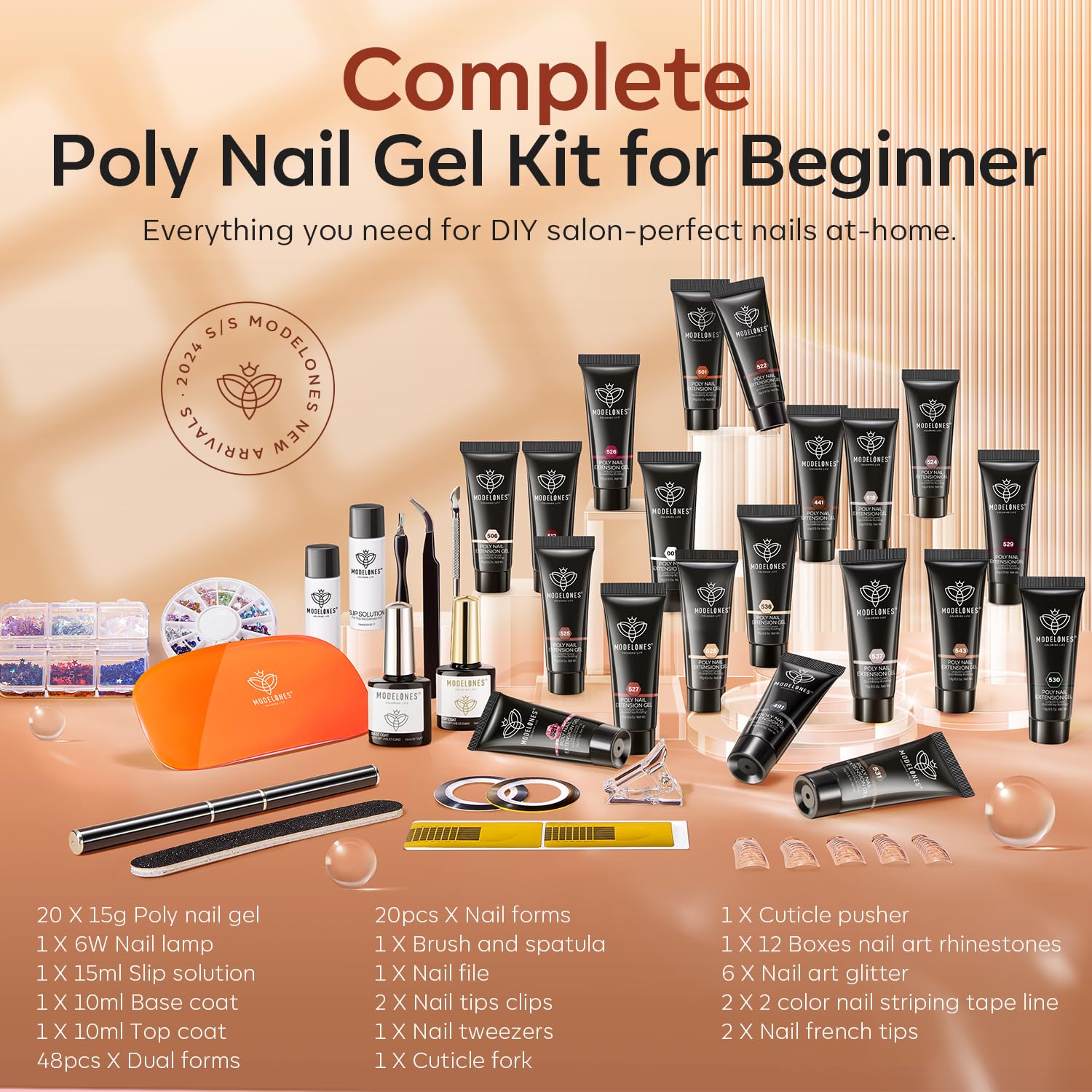 Close up of 20 poly gel color tubes for nail extension