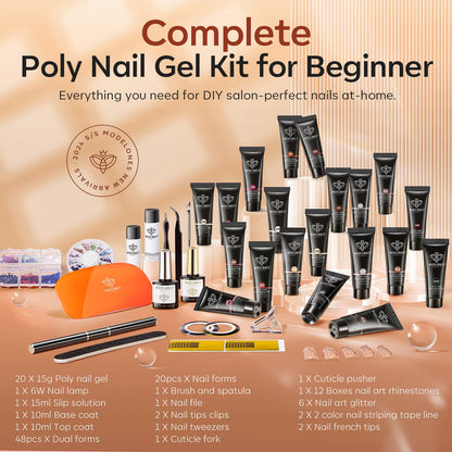 Close up of 20 poly gel color tubes for nail extension