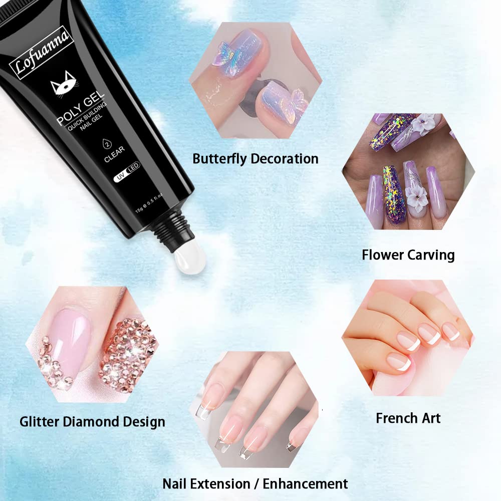 Lofuanna nail extension kit components including gel tubes