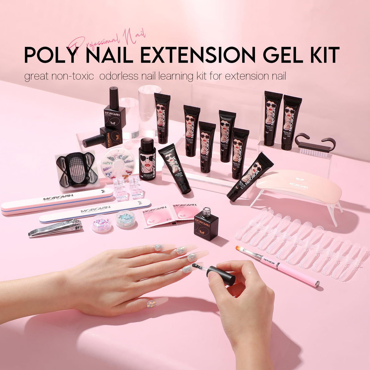 Detailed view of nail files, clips, and application tools in the kit