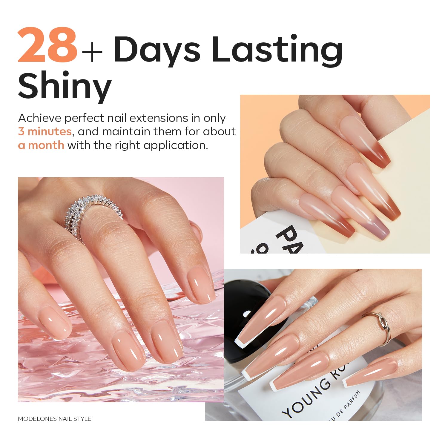 Modelones poly nail gel tube next to professional nail brushes