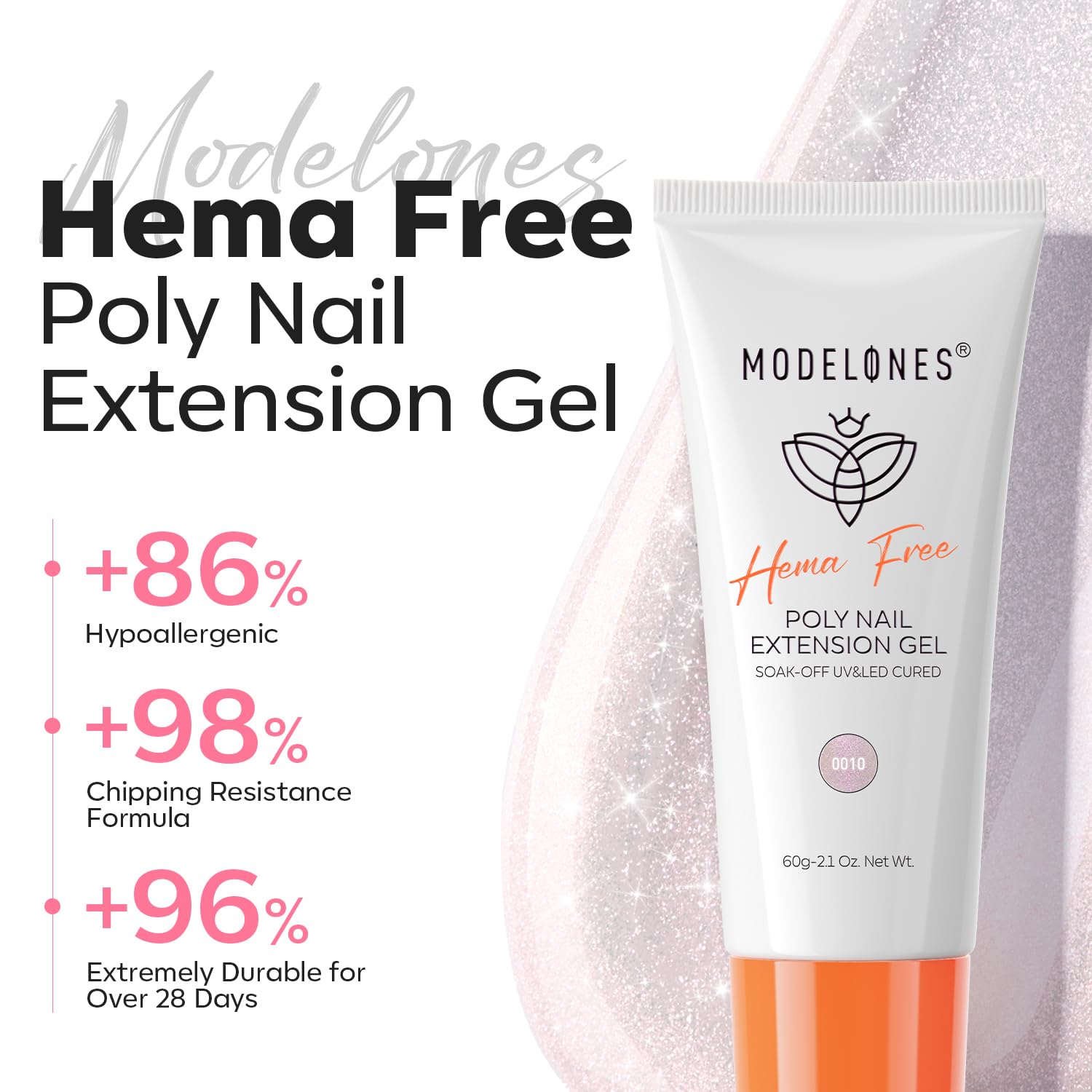 Close up of Modelones Hema-Free poly gel texture and glitter.