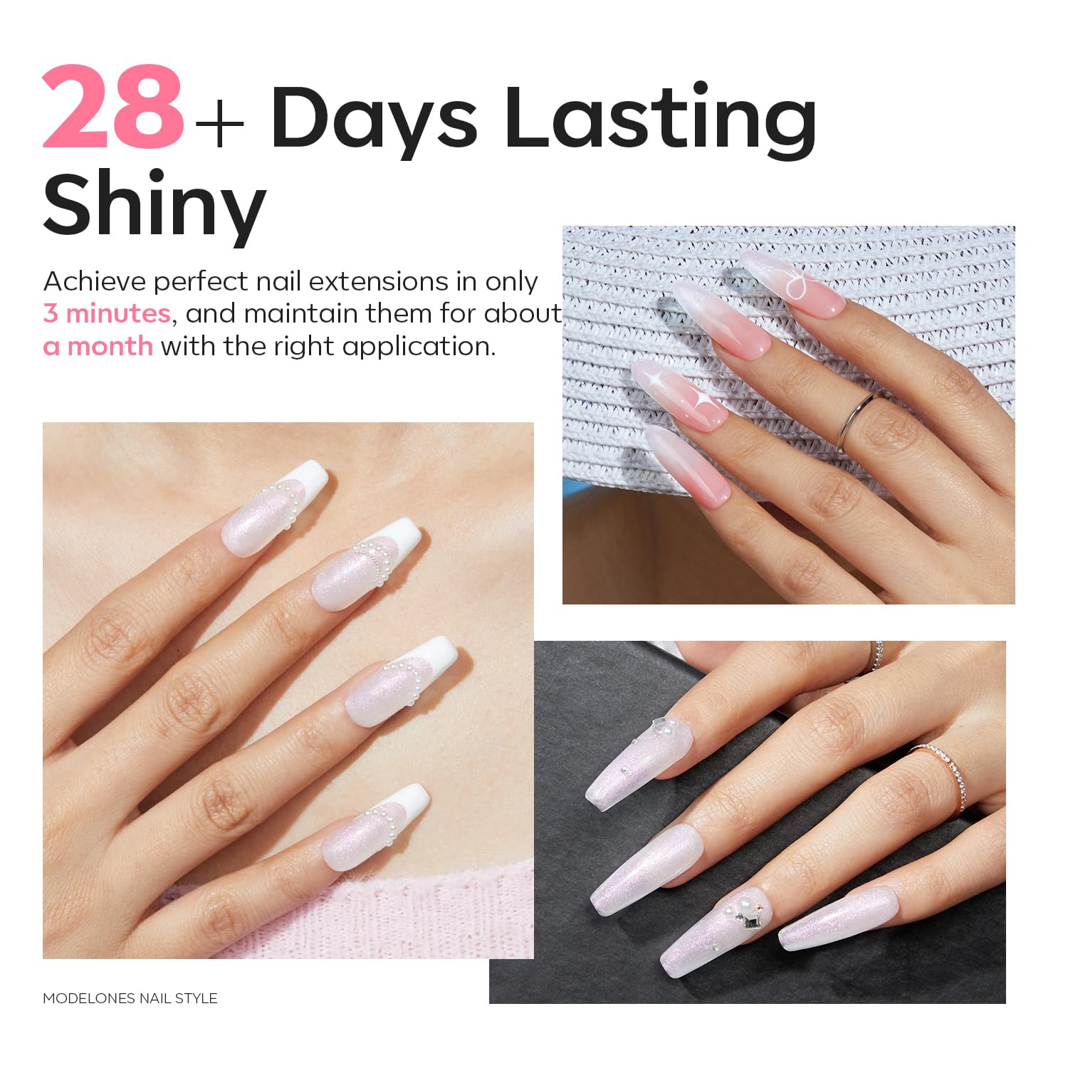 Modelones Aurora Frost poly gel applied on natural nails.