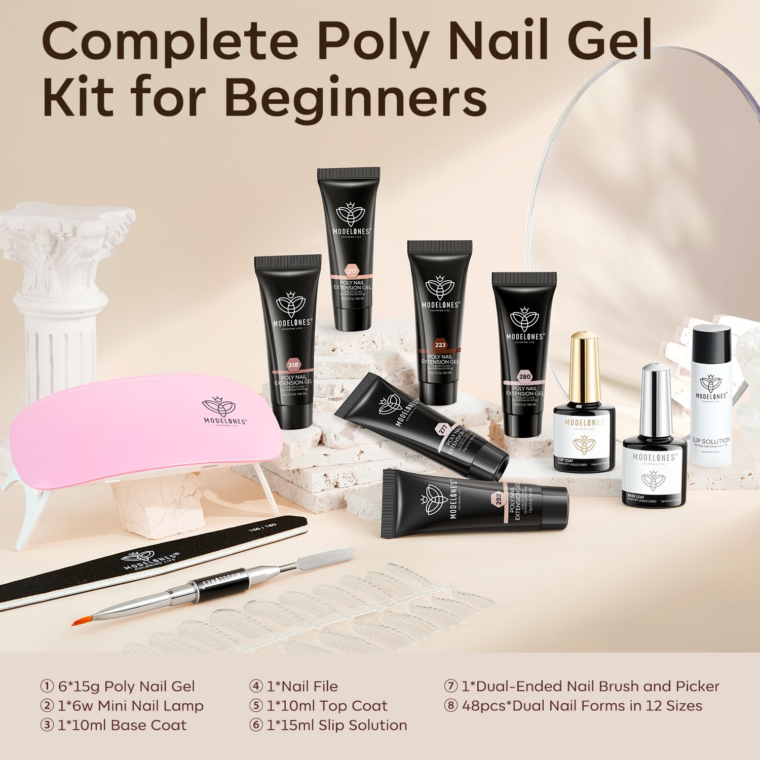 Close up of Modelones poly nail gel kit dual forms
